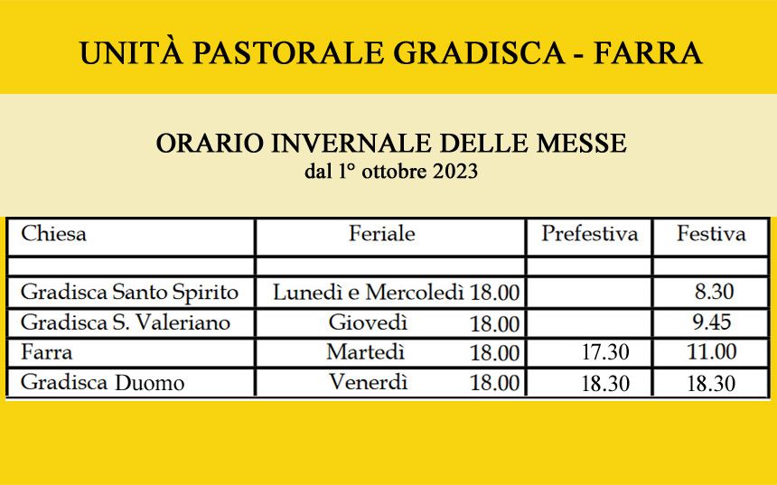 ORARIO delle MESSE dal 1° OTTOBRE 2023